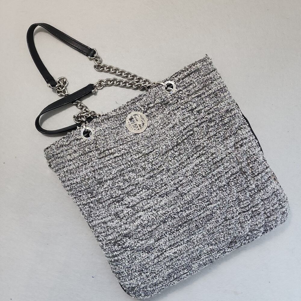 Henri Bendel Grey Tweed & Black Leather Expandable Tote YKK Zipers #7 Collection